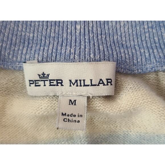 Peter Millar blue cream stripe merino linen blend 1/4 zip pullover sweater - MED - Picture 2 of 4